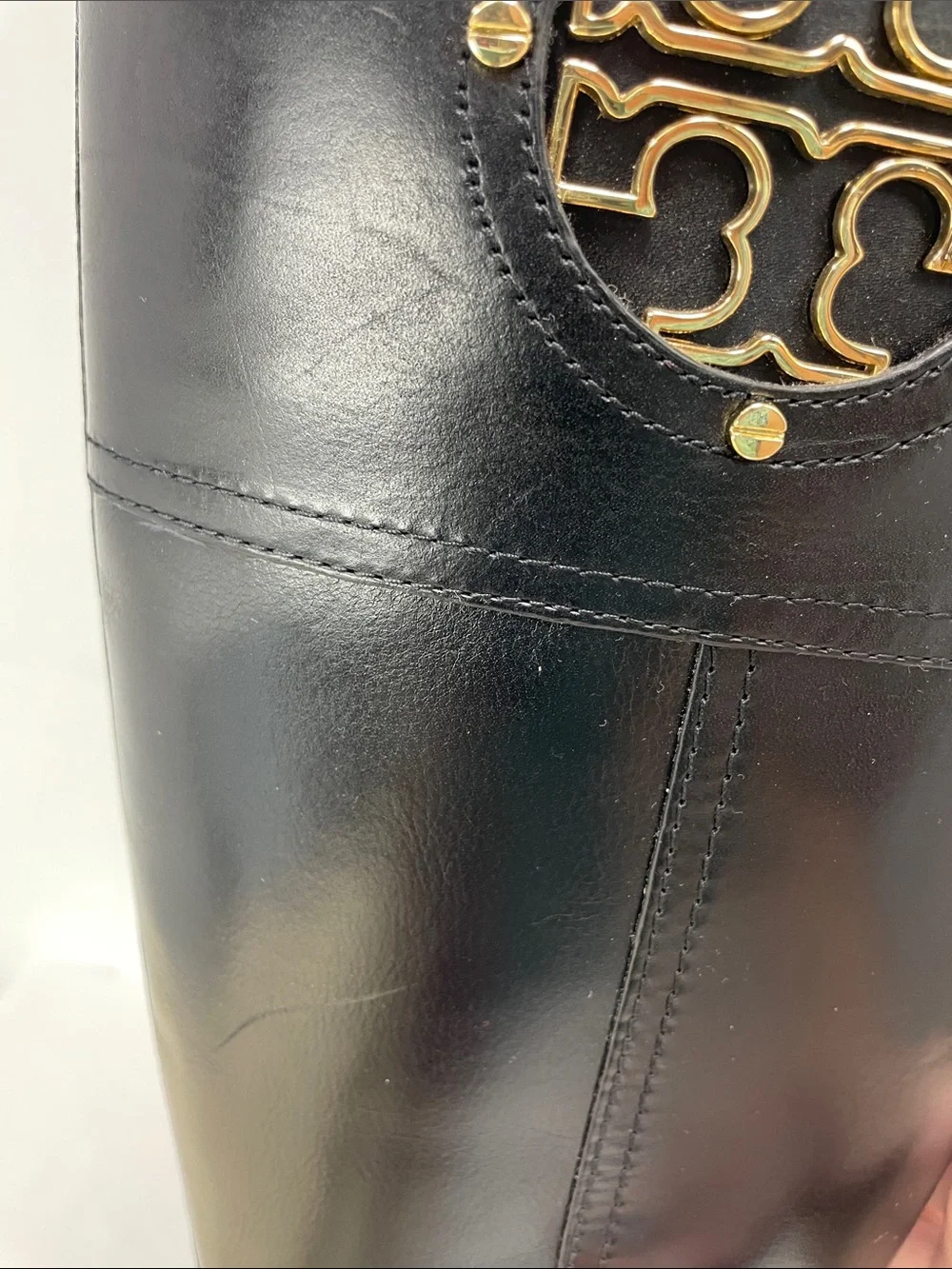 Tory Burch Black Leather Riding Boots with Gold Logo, Size 9
